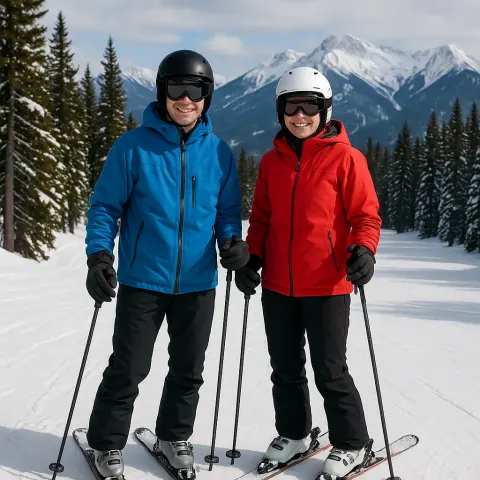 Two People Standing on a Snowy Ski Slope with Skis