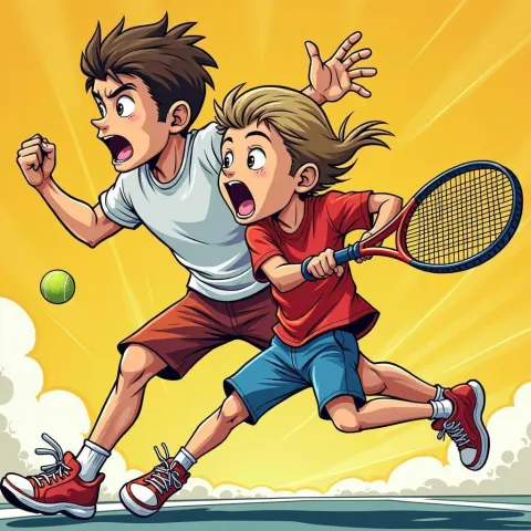 Father and Son Tennis Match in Manga Speed Lines