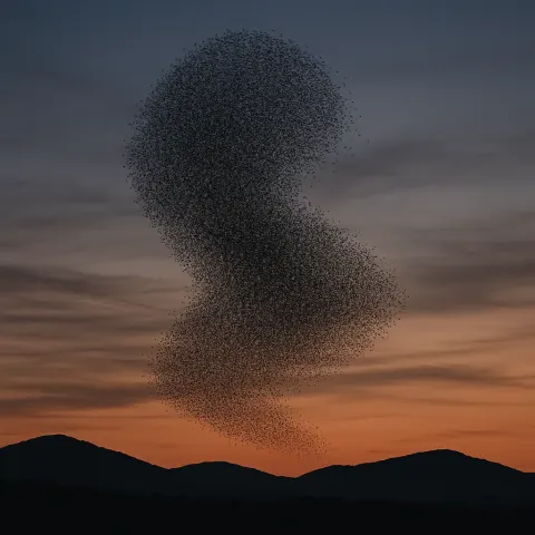 Massive Flock of Starlings Creates a Swirling Murmuration Above Distant