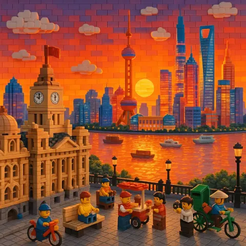 Vividly Colorful LEGO-style Depiction of Shanghai's Bund During Sunset