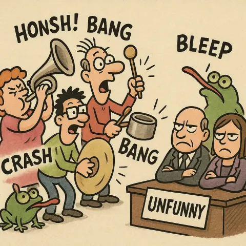 Group of Quirky Characters Make Loud Noises with Various Objects