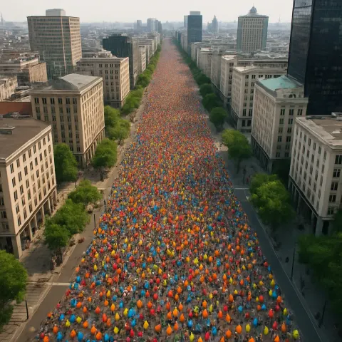 Massive Wave of Thousands of Marathon Runners