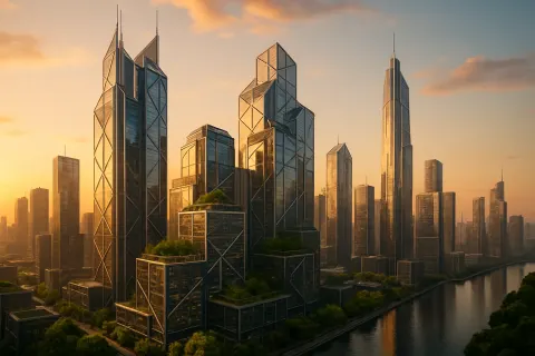 Visual of a Futuristic Cityscape During Sunset