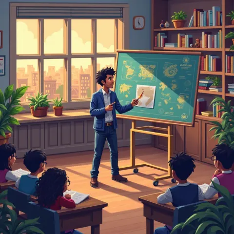 Pixel Teacher Giving Geography Lessons in Isometric Class