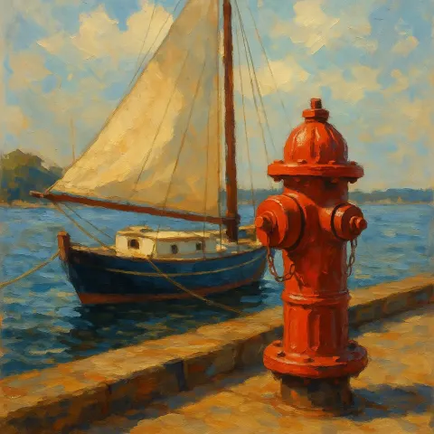 Painting Featuring a Sailboat on the Dock