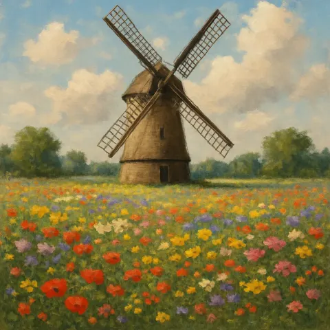 Retro-style Windmill Standing Amidst a Vibrant Meadow
