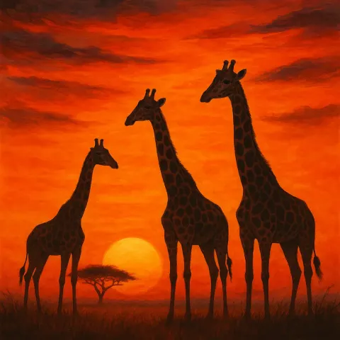 Three Giraffes Positioned Beneath a Strikingly Vivid Orange Sunset
