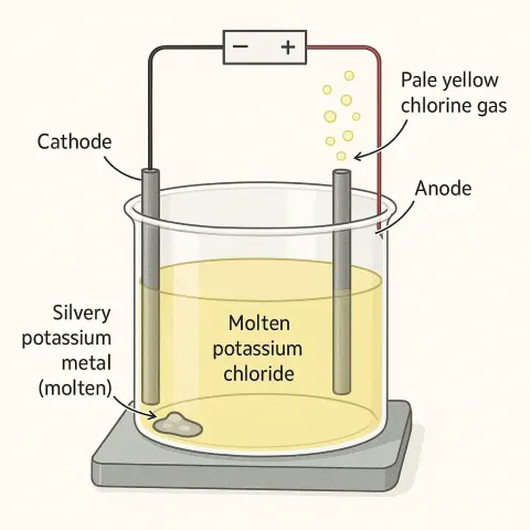 Molten Potassium Chloride Electrolysis System Generates Silvery Potassium Metal