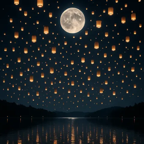 Thousands of Glowing Lanterns Drift Silently Upwards over a Serene