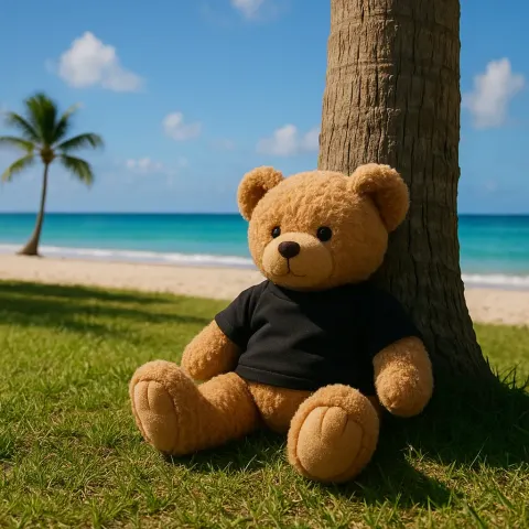 Teddy Bear Wearing a Black Shirt Sits