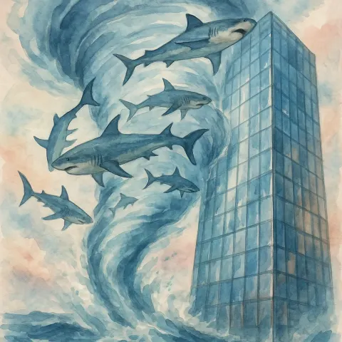 Dreamy Watercolor Depiction of a Cyclone Filled with Sharks