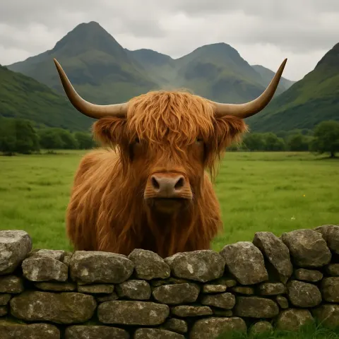 Shaggy-haired Highland Cow with Large Horns Stands