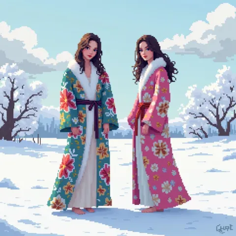 Two Women in Floral Robes on Winter Pixel Snow