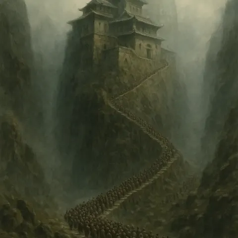 Throngs of Minuscule Pilgrims Slowly Ascend a Winding Stone Staircase