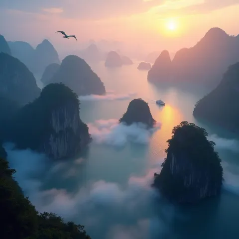 Mythical Dusk Over Misty Ha Long Bay