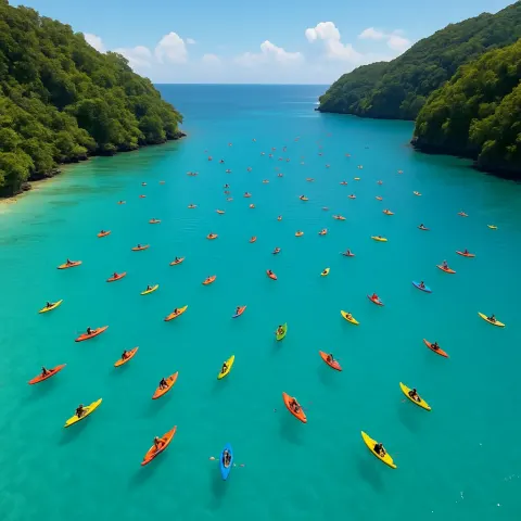 Dozens of Colorful Kayaks Appear as Small Flecks