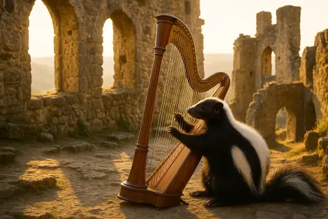 Photorealistic Skunk with its Harp in Medieval Castle Ruins Overlooking
