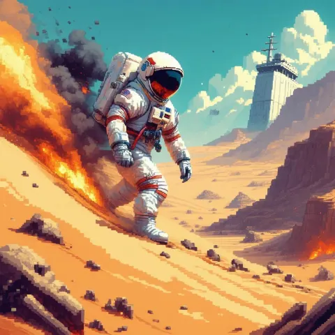 8 Bit Astronaut Climbing From a Desert Shipwreck