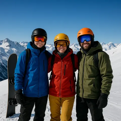 Three People Dressed in Winter Gear Standing on a Snowy