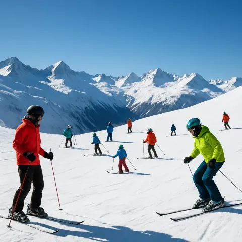 Skiers Scattered on a Snowy Mountain Slope with Distant Peaks