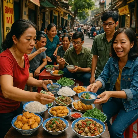 Bustling Street Food Stall in Vietnam with Various Dishes Displayed