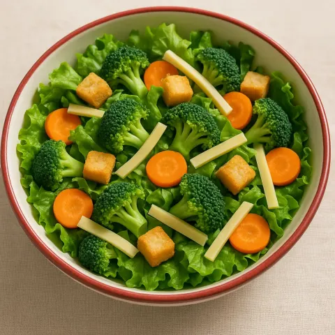 Fresh Salad in a Red-rimmed Bowl Featuring Lettuce