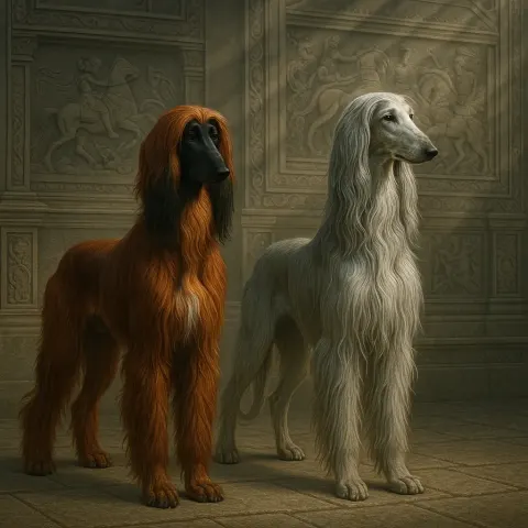 Two Distinct Afghan Hounds Are Set Against Intricate Friezes