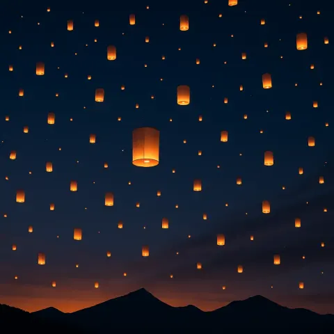 Countless Distant Paper Lanterns Drift Silently Upwards into a Twilight
