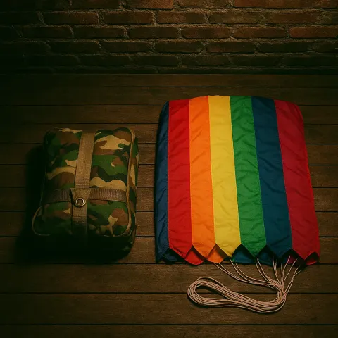 Two Distinct Parachutes—one Neatly Packed in its Military Camouflage Deployment