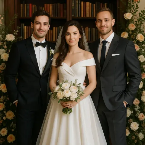 Bride in a Flowing White Gown and Two Grooms