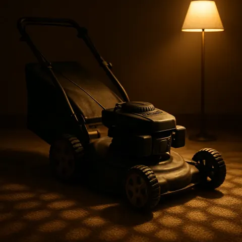 Photorealistic Lawn Mower on a Soft Rug Casts Repeating Patterns