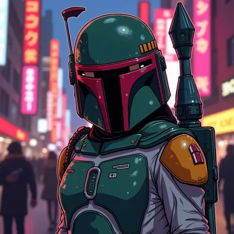 Boba Fetta Striking a Pose in Neon Anime City