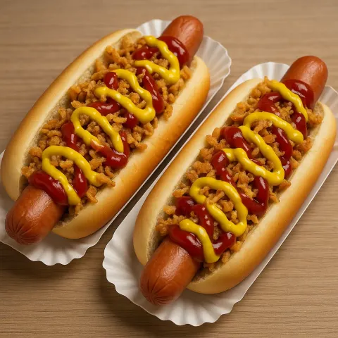 Two Hot Dogs Topped with Crispy Fried Onions