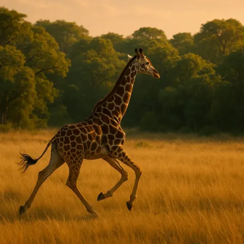 Giraffe Sprinting Across the Sunlit Expanse of Golden Grass
