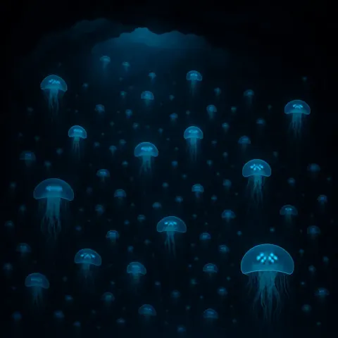 Countless Glowing Jellyfish Drift Serenely in the Inky Black Depths