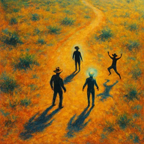 Three Minuscule Figures Engage Dynamically on a Dusty Path