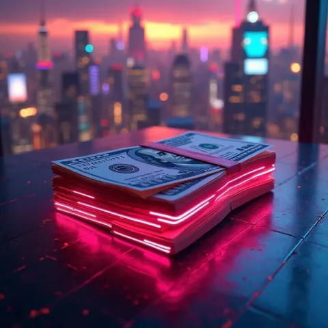 Neon Stack of Cash on a Futuristic Table