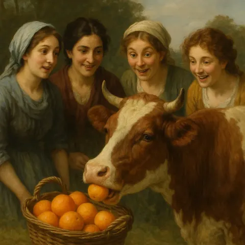 Cow Is Eating an Orange from a Nearby Basket