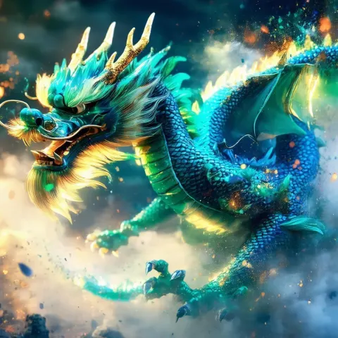 Blue and Green Dragon Soaring Through Splattered Color