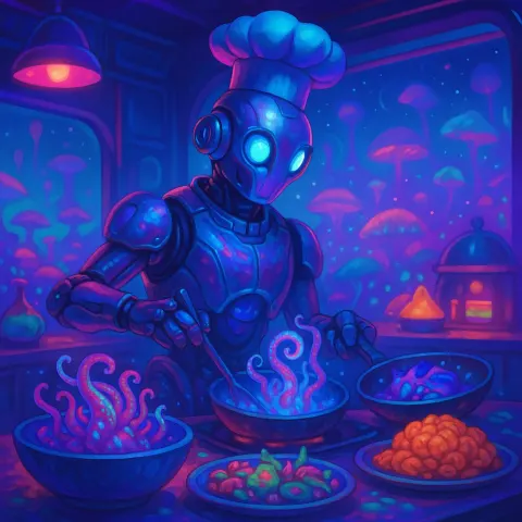 Advanced Robot Culinary Expert Crafting a Colorful Alien Banquet