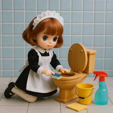 Doll Dressed as a Maid Scrubbing a Miniature Wooden Toilet