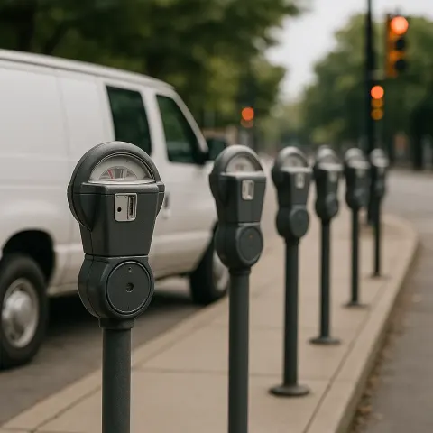 Row of Parking Meters Lined Along a Sidewalk