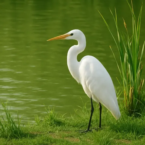 White Egret Stands near the Edge of a Green-hued Pond