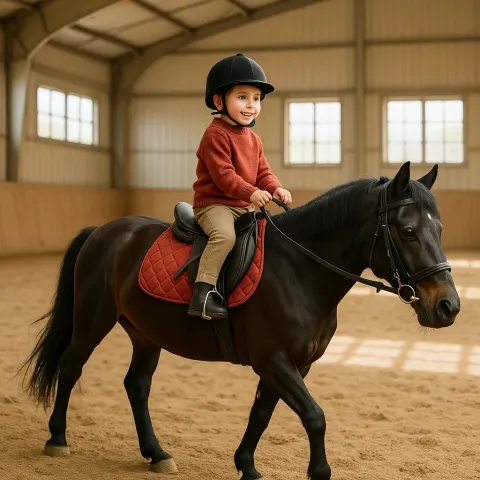 Child Riding a Dark Horse with a Red Saddle Inside