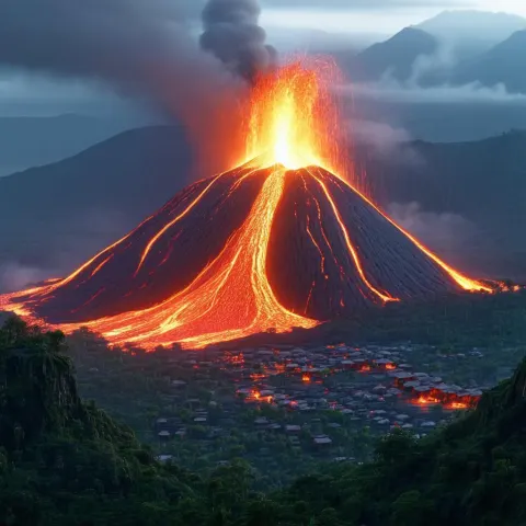 Erupting Volcano Menacing a Primitive Village