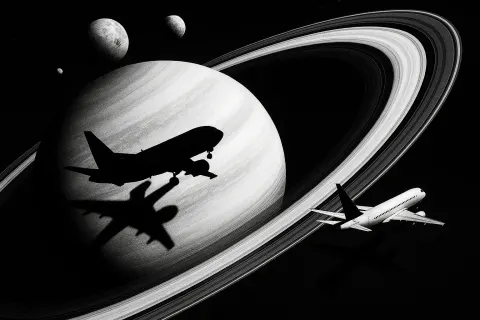 Two Diverse Airliners Cast Stark Top-down Shadows in High-contrast Monochrome