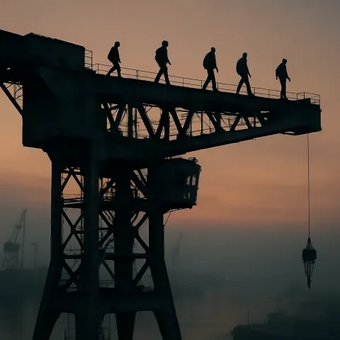 Few Silhouetted Figures Walk Along the Top of a Massive