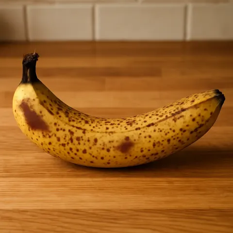 Spotted and Slightly Damaged Banana Lying on a Wooden Countertop