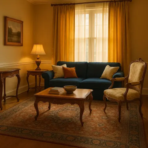 Cozy Living Room with a Dark Blue Sofa