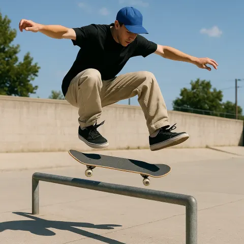 Man in a Blue Baseball Cap Executing a Kickflip